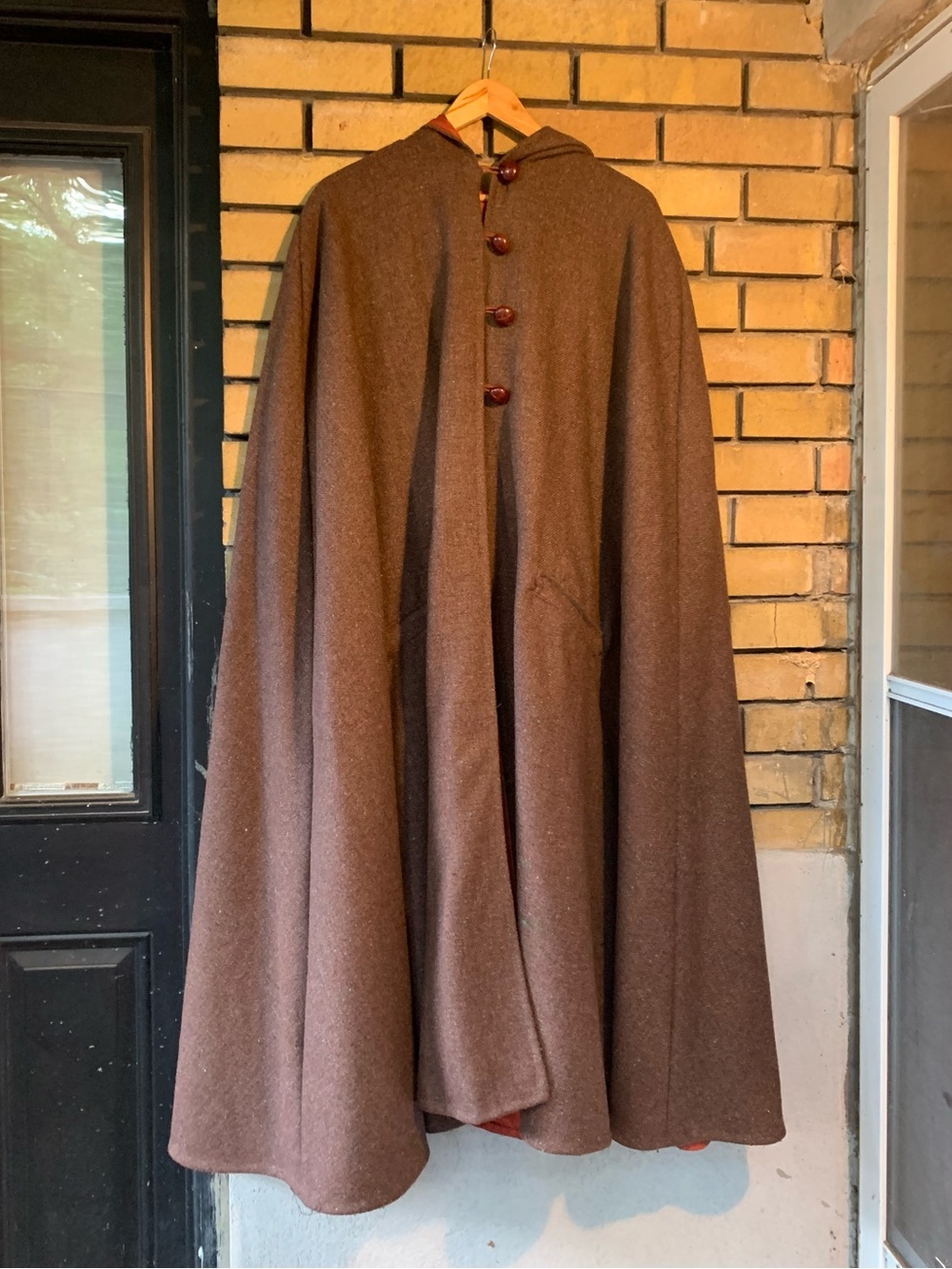 Vintage 1970s Brown Tweed Hooded Cloak Cape Coat Handmade Traitors